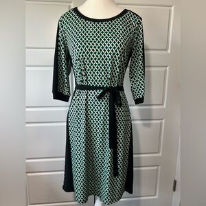 Emma & Michele Geometric Print Belted Dress Green White Black‎ Career Midi SM